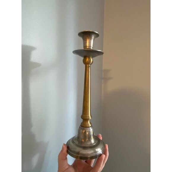 Vintage Two-Tone Brass & Silver Candlestick Holder 9" Tall - Picture 1 of 5